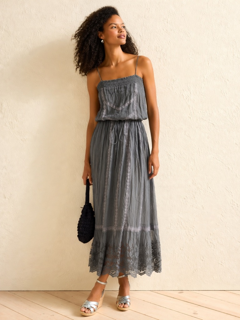 For Love and Liberty Gray Lace-Trim Maxi Dress with Spaghetti Straps